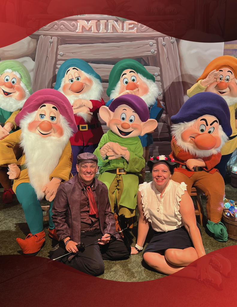 Travis and Beth pose with the Seven Dwarves at one of their many visits to Walt Disney World.