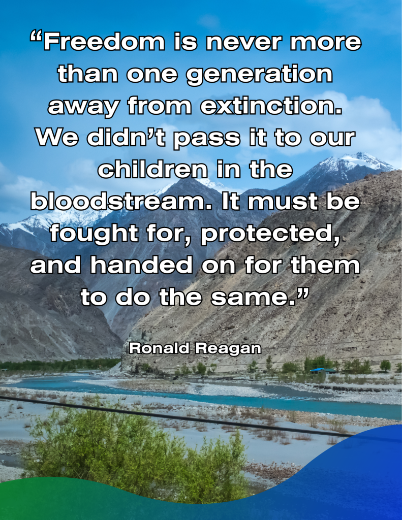 Greg's favorite quote: "Freedom is never more than one generation away from extinction. We didn't pass it to our children in the bloodstream. It must be fought for, protected, and handed on for them to do the same." Ronald Reagan